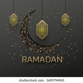 golden lamp beautiful eid mubarak golden decorative moon greeting.ramadan golden moon ant star on black background.premium