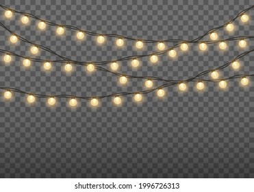 Golden lamps garland. Glowing lights for Xmas Holiday.