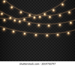 Golden lamps garland. Glowing lights for Xmas Holiday.