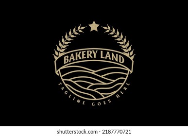 Golden Land With Rice Wheat Or Laurel Leaf For Bake Bakery Cake Label Logo Design