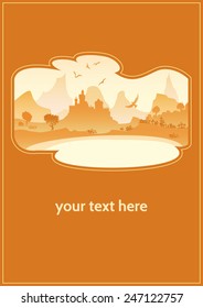 Golden landscape with a castle, a lake in the mountains,the design for the cover