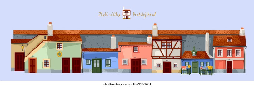 Lane de Oro (Zlatá ulička) con casas coloridas en el Castillo de Praga, República Checa. Ilustración vectorial.