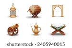 Golden lantern, bedug drum, golden cannon on white background. Realistic arch, kettle with traditional drink and open Quran on wooden stage. Vector illustration in 3d style