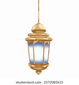 Golden Lantern with Bright Light on a white background isolated