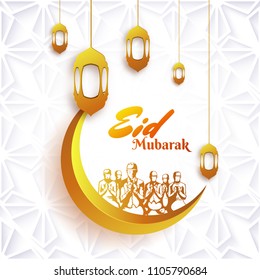 Golden lantern and crescent moon with Islamic people offering namaz on white on white floral background.