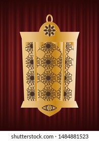 Golden lantern, Ramadan Kareem, festival greeting card decorated by light with pattern, traditional arab illuminated, jewell element, holiday vector. Red curtain theater background