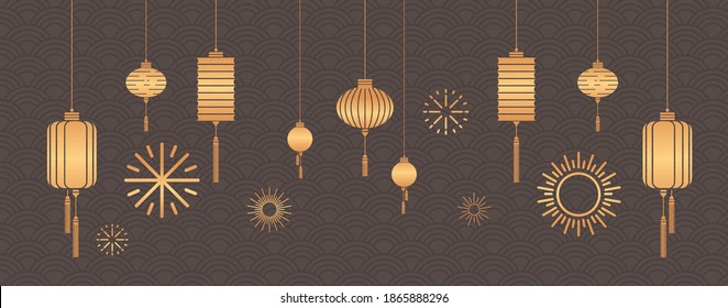 golden lanterns chinese calendar for new year of the ox greeting card flyer invitation poster horizontal vector illustration