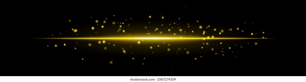 Golden laser beam with glowing particles and energy sparks on a dark background. The scattered light orbs create a futuristic, sci-fi effect, digital art, space themes, abstract light compositions.