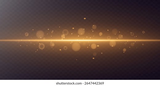 Un rayo láser dorado. Luz de destellos de chispas y polvo mágico. Vector.