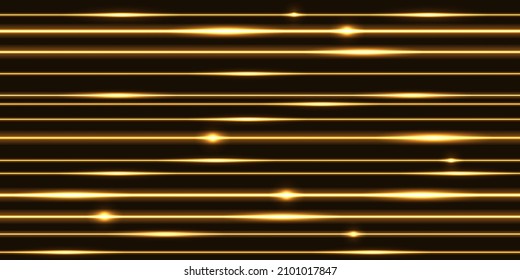 Golden laser beams, abstract glowing light streaks with thunder bolt discharge. electric impulse energy lines, yellow luminous rays. Vector illustration