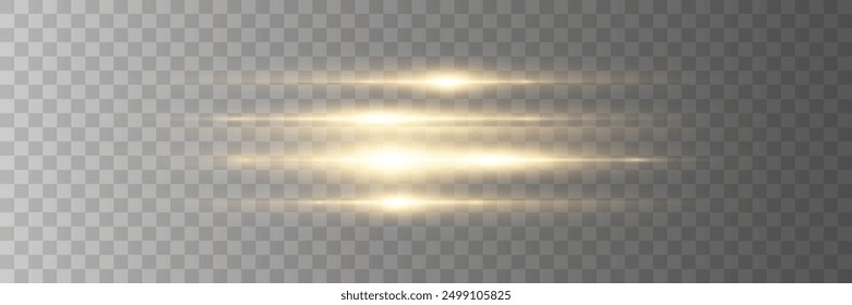 Golden laser beams, horizontal light effects. Beautiful light reflections. On a transparent background.