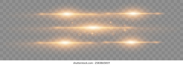 Golden laser beams, horizontal light effects.Small dust particles.Vector.