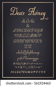 Golden Latin letters on black background. Hand drawn vector calligraphy tattoo alphabet. Handwritten font. Vector Illustration. 