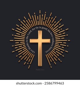 Golden latin religious cross with sunburst and psalm quote. 3d gold metal catholic cross. Vector illustration.