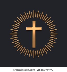 Golden latin religious cross with sunburst. 3d gold metal catholic cross. Vector illustration.