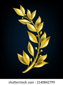 Golden laurel branch, vector winner award leaf, victory symbol on black, olive plant trophy sign. Greek champion emblem, premium achievement label, honor vintage concept. Golden laurel illustration