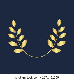 Golden laurel branches on a dark blue background. Template for text. Vector illustration.