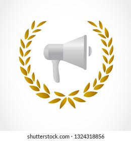 golden laurel with a communication loudspeaker inside. illustration design isolated over a white background.