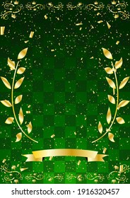 golden laurel crown frame and green checked pattern background