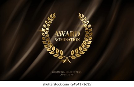 Golden laurel crown with text realistic vector illustration. Winner wreath 3d model on dark curtain background. Award nomination marking