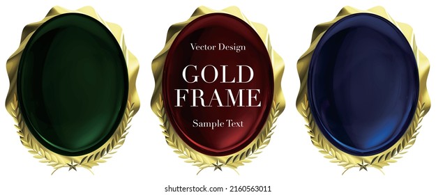 Golden laurel emblem with three colored gems Vector illustration