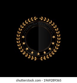 Golden laurel icon isolated on black-gray gradient background with congratulations Vector art