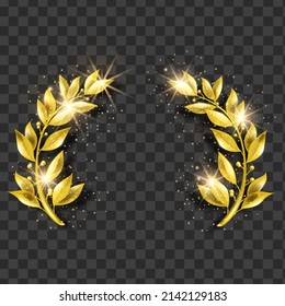 Golden laurel leaf, vector winner olive wreath, victory branch shiny symbol, metal Greek trophy. Champion triumph foliage, honor antique achievement, heraldic emblem. Golden laurel illustration