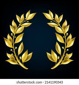 Golden laurel leaf wreath, winner vector branch frame, Greek antique award trophy symbol on black. Victory olive plant, champion congratulation vintage sign, metal foliage. Golden laurel illustration