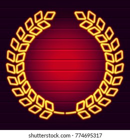 Golden laurel on the wall. Separated branches. Realistic neon sign. Eps10 vector