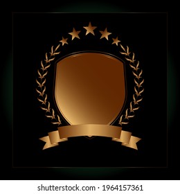 Golden laurel with golden ribbon below Round bottom achievement award vector illustration with green-black gradient background