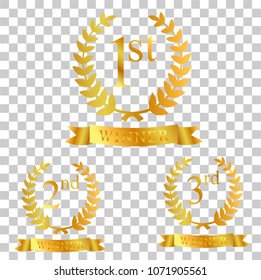 golden laurel, ribbon, first, second and third winner, at transparent effect background
