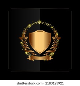 The golden laurel is surrounded by a gold ring bokeh by leaves placed in a gray-black square frame. gold ribbon below blank space for text black background vector illustration