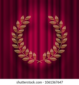 Golden laurel wreath  against a red curtain background. Vector illustration.