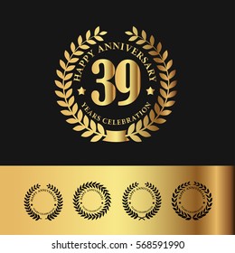 Golden Laurel Wreath Anniversary Badge. 39 Years Anniversary. Vector Illustration