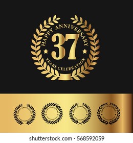 Golden Laurel Wreath Anniversary Badge. 37 Years Anniversary. Vector Illustration