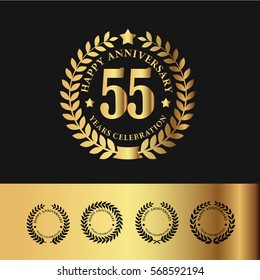 Golden Laurel Wreath Anniversary Badge. 55 Years Anniversary. Vector Illustration