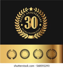 Golden Laurel Wreath Anniversary Badge. 30 Years Anniversary. Vector Illustration