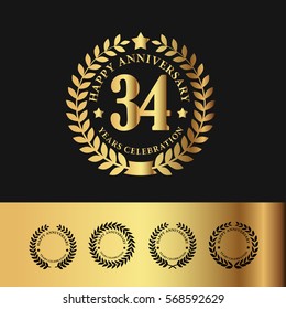 Golden Laurel Wreath Anniversary Badge. 34 Years Anniversary. Vector Illustration
