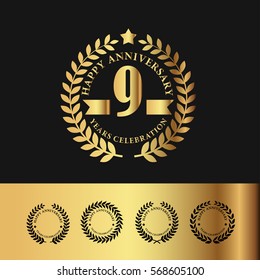 Golden Laurel Wreath Anniversary Badge. 9 Years Anniversary. Vector Illustration