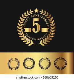 Golden Laurel Wreath Anniversary Badge. 5 Years Anniversary. Vector Illustration