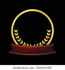 Golden laurel wreath award winning with ribbon. Simple classic badge label medal.