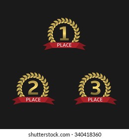Golden Laurel wreath awards with red ribbons. First, second and third places. Vector illustration