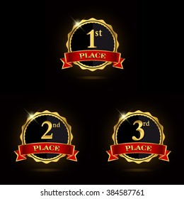 Golden Laurel wreath awards with red ribbons sets. First, second and third places. Vector illustration.