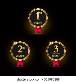 Golden Laurel wreath awards with red ribbons sets. First, second and third winner. Award golden label. Vector illustration.