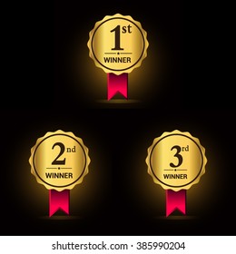Golden Laurel wreath awards with red ribbons sets. First, second and third winner. Award golden label. Vector illustration.
