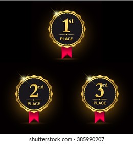 Golden Laurel wreath awards with red ribbons sets. First, second and third winner. Award golden label. Vector illustration.