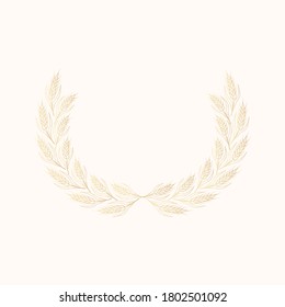 Golden laurel wreath with barley, malt, rye, wheat ears for label design. Vintage gold beer frame. Vector isolated illustration.