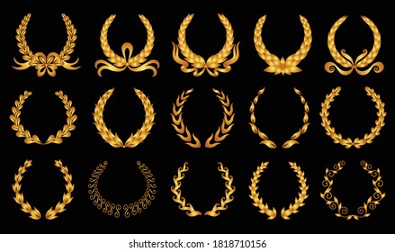 Golden laurel wreath. Collection of different black circular laurel, olive, wheat wreaths depicting an award, achievement, heraldry, nobility. Vector premium insignia, traditional victory symbol