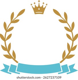 Golden Laurel Wreath Crown Frame with Blue Ribbon on White Background