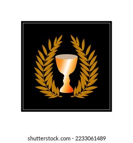 Golden laurel wreath and cup in black square. Modern symbol of victory and award achievement sport. Insignia ceremony awarding of winner tournament. Colorful template for badge, tag